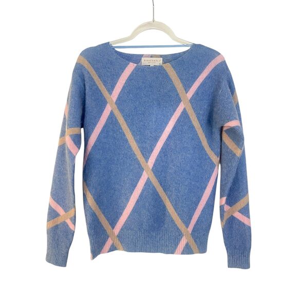 Bianco & Blu Italian Mohair Wool Blend Argyle Knit Sweater Pink Blue Tan Size S - Picture 1 of 4